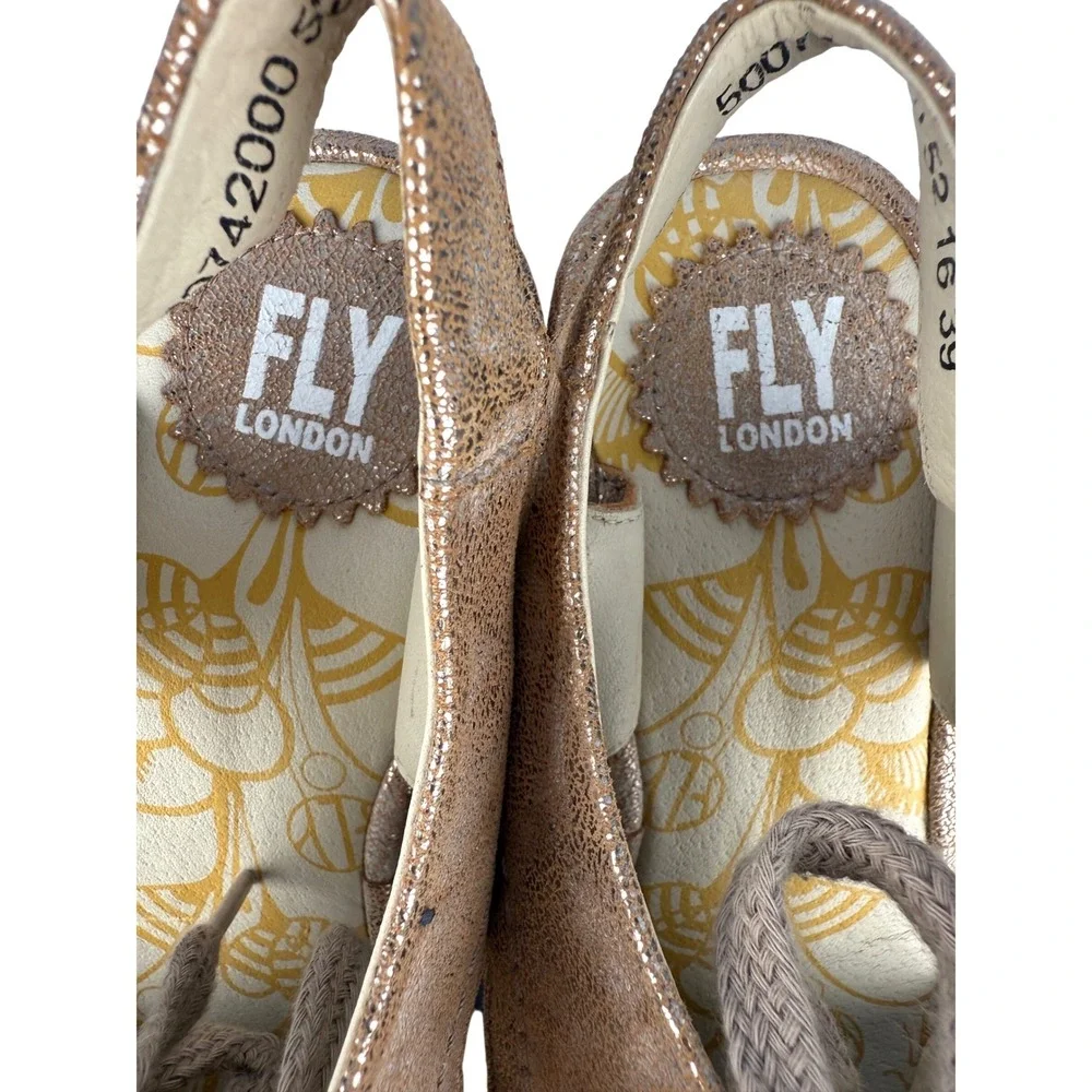 Fly London Women's 39 Metallic‎ Rose Gold Lace Wedge Sandals Leather EU 39